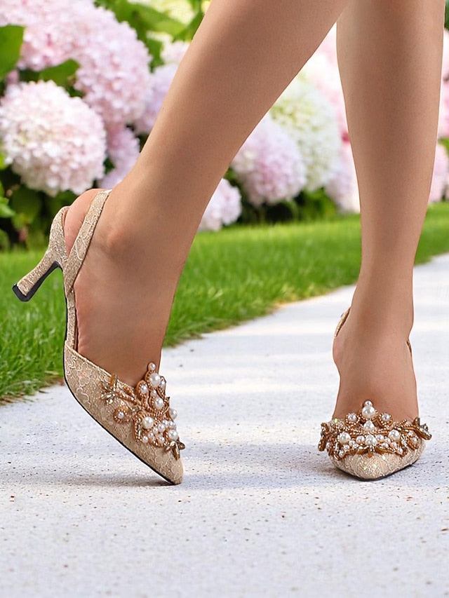 Pearl Black Heels with Slingback Satin Detailing Women's -