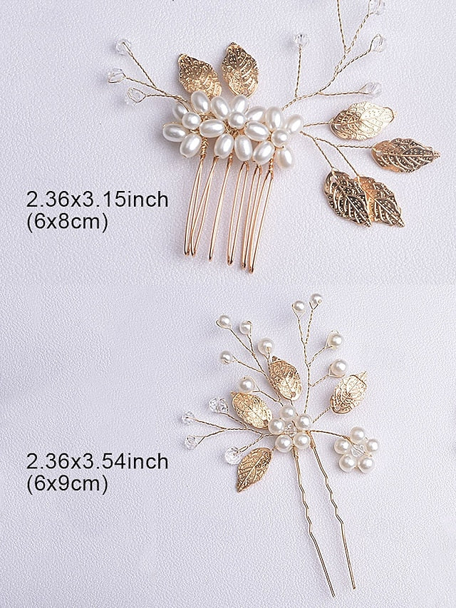 Gold Faux with Silver Hair Pearls Accessory Bridal and Leaf Set