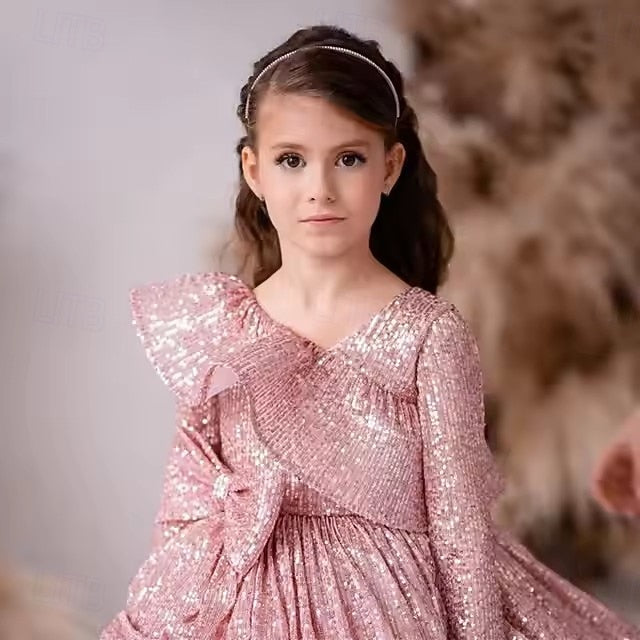 Girls' Sleeve Party Long Solid Dress Color Performance Kids