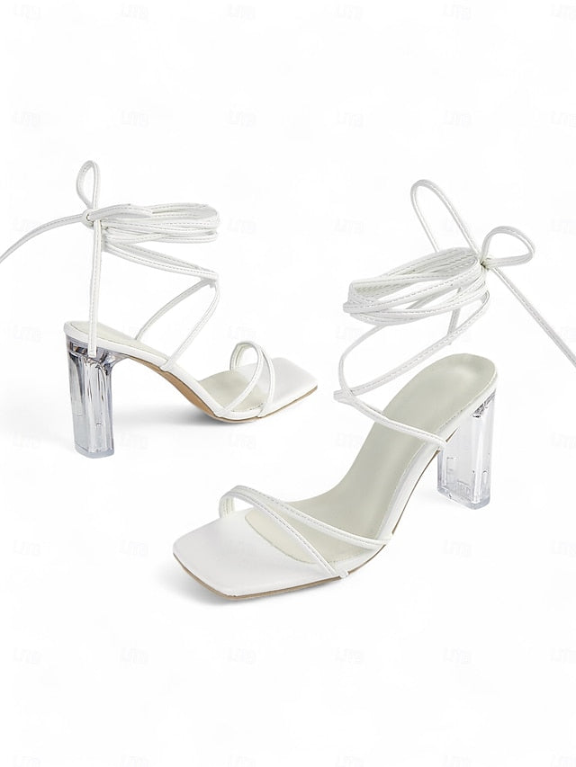 Block Women's Heel Clear White with Lace-Up Strappy Heels