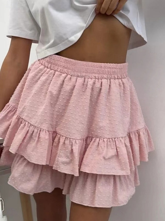 Women's Casual Mini Mid Rise Skirts Plain Ruched Layered