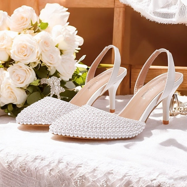Heels Women's Slingback Embellishments with White – Pearl
