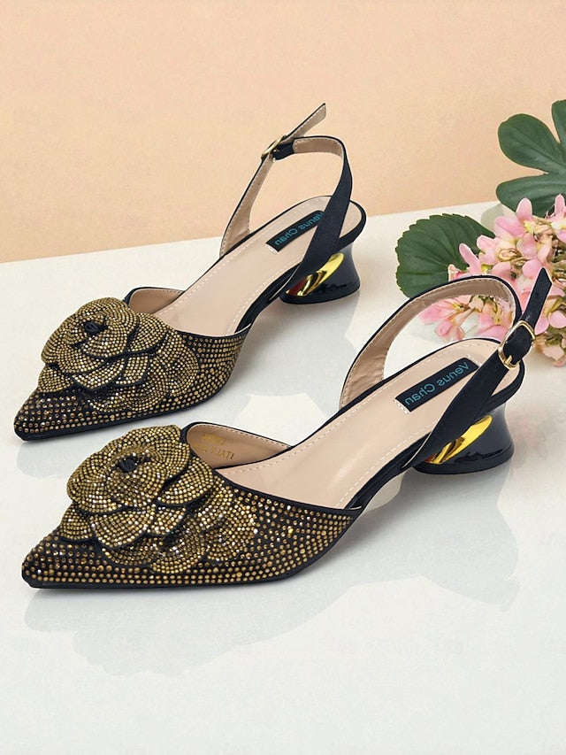 Women's Gold with Pumps Matching Rhinestone Slingback