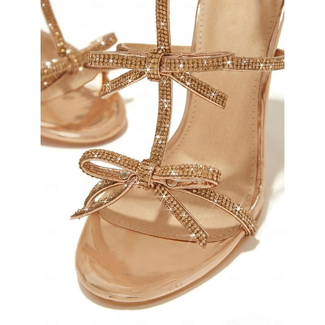 – Knot Stiletto Strappy Sandals Sparkly Gold Bow Women's