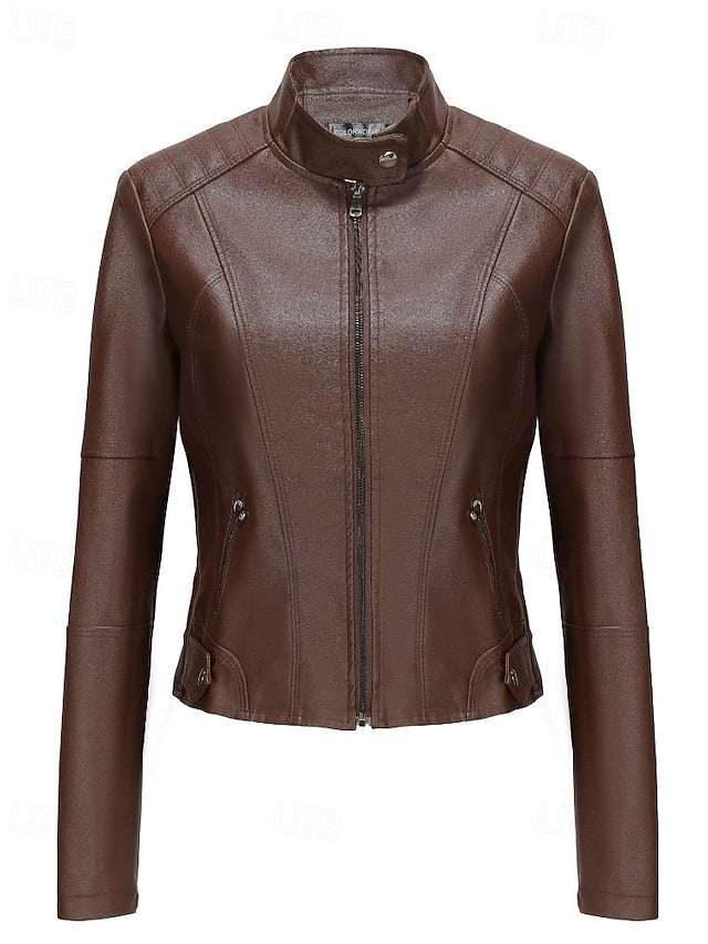 Jacket Comfortable Zipper Faux Women's Pocket Leather