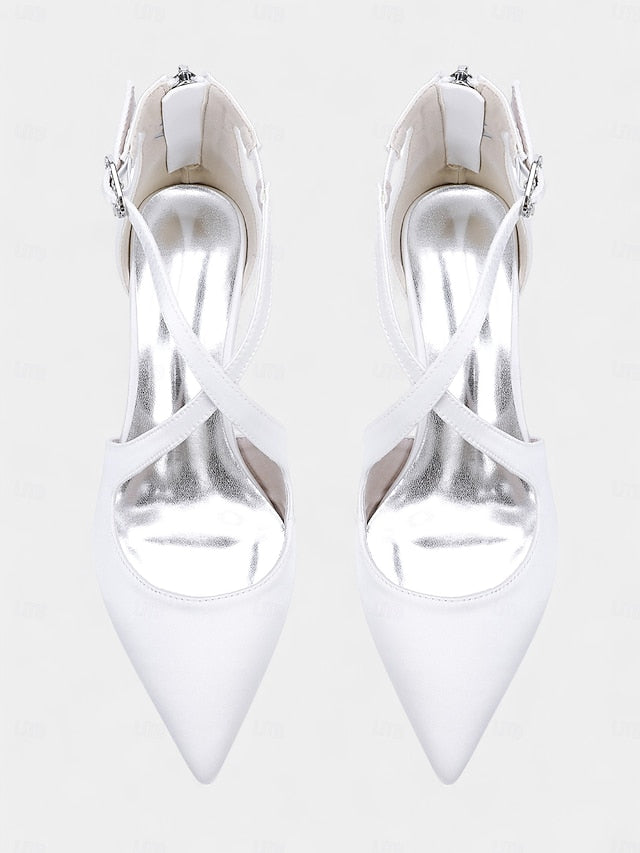 Elegant Ivory Heels Satin Block Pointed Women's Toe -