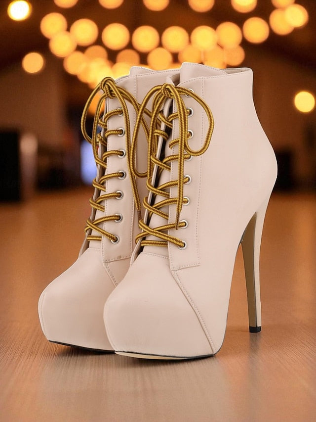 Beige Faux Lace-Up Women's Leather - Platform Boots Ankle