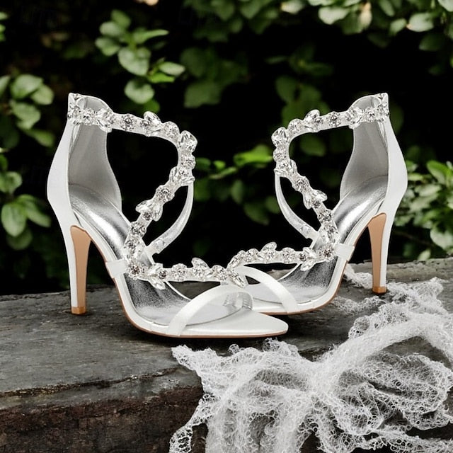 High Pink Satin Sandals Women's with Heel Rhinestone Floral