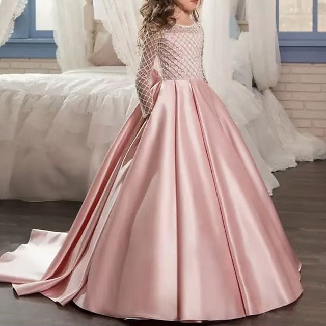 Girls' Solid Flower Kids Color Girl Long Dress Party