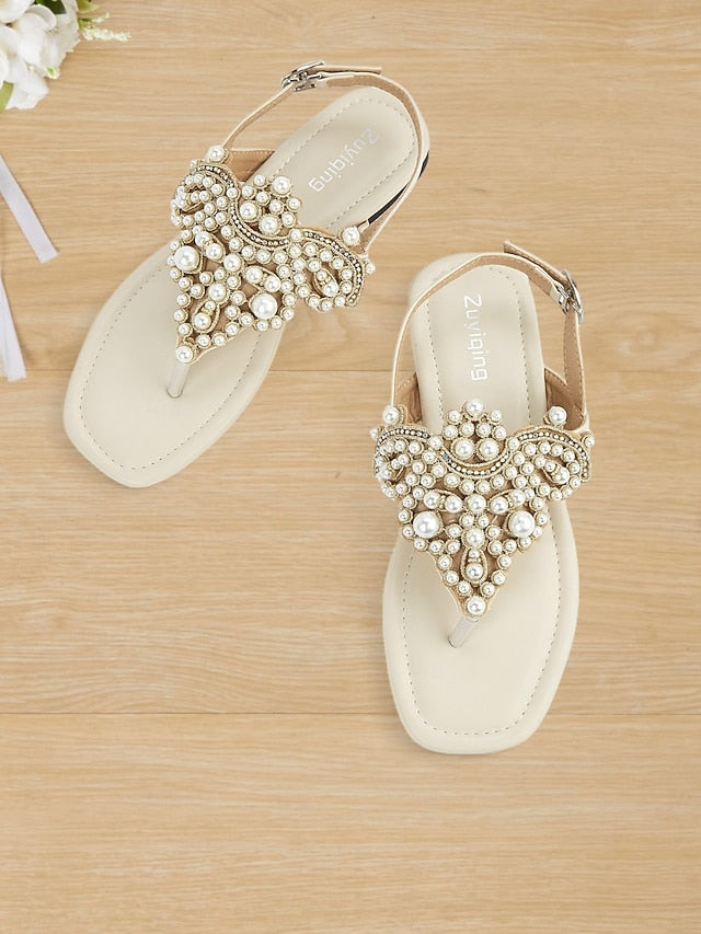 Pearl-Embellished Flat Women's Sandals Elegant – T-Strap