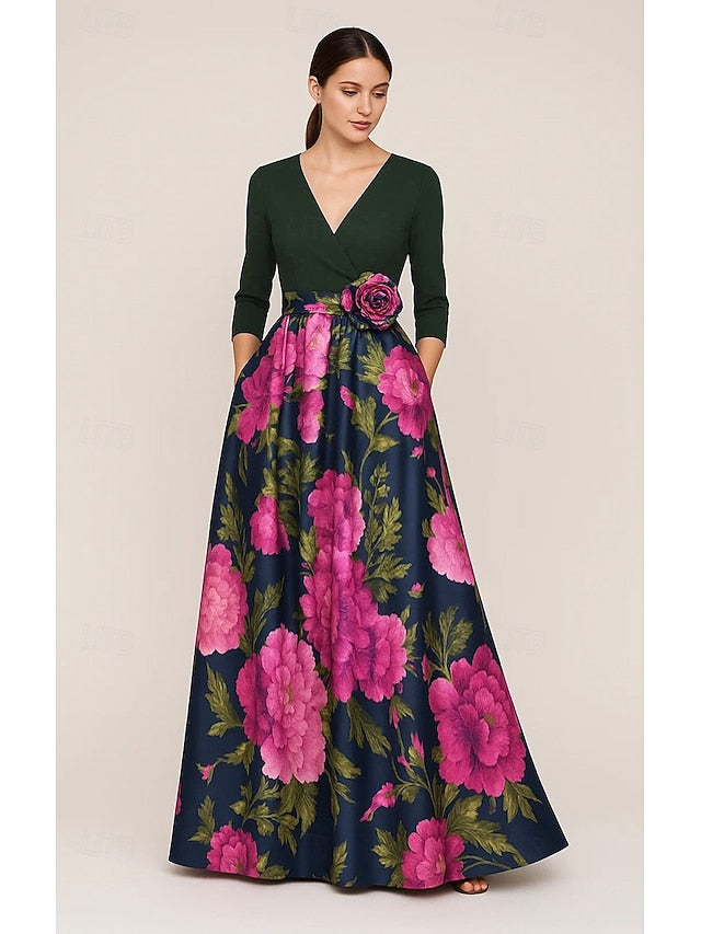 A-Line Bride Mother Floral Gown Elegant of Print Evening the