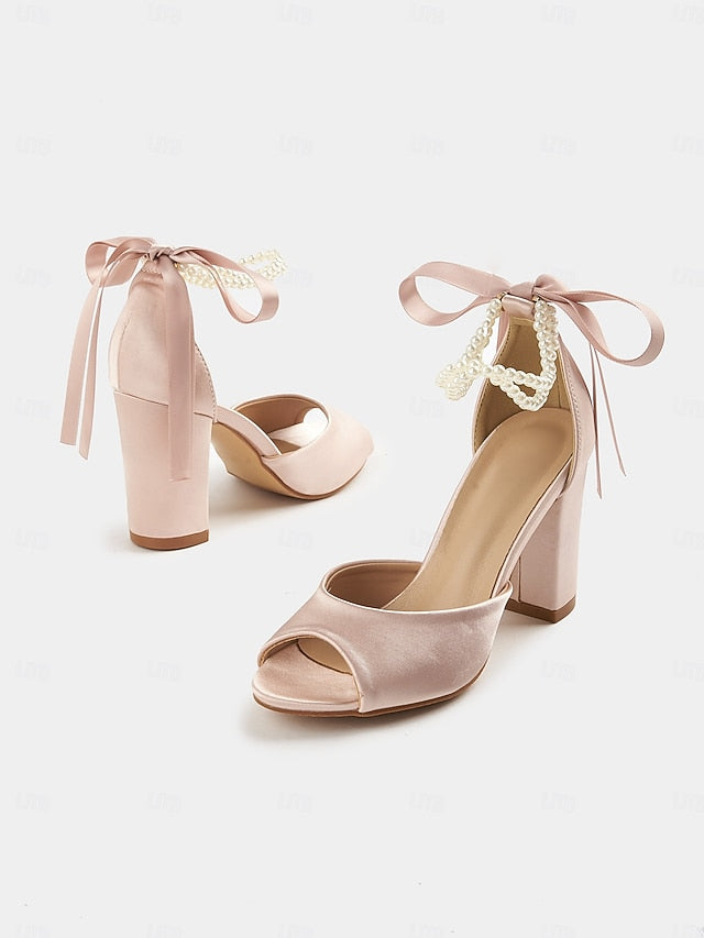 Heel Satin Block with Sandals Peep-Toe Pearl Women's Ankle