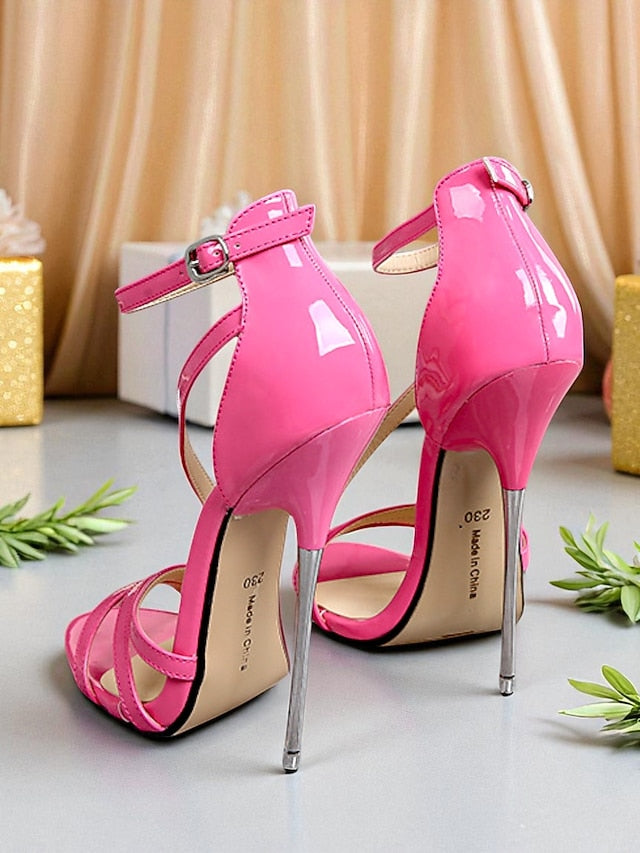 - Stiletto High Red Women's Strappy Heels Patent Sandals PU