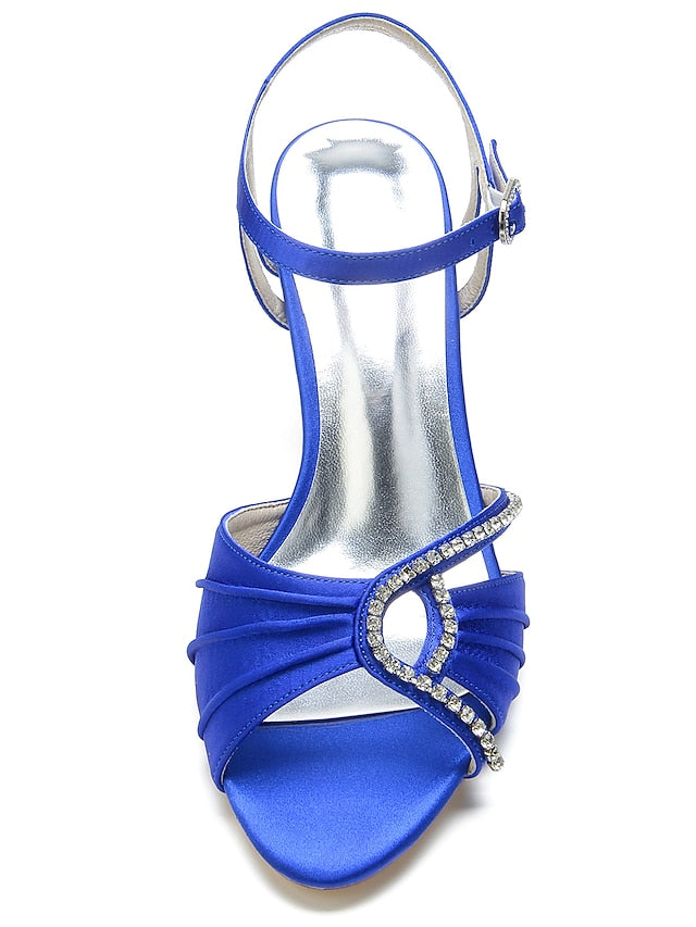 Satin Navy – Sandals Women's Blue Heeled Rhinestone