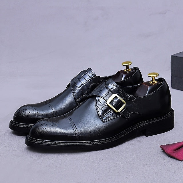 Black Strap Men's First Genuine Leather Monk Shoes-