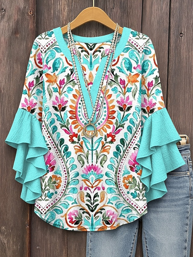 Women's Retro Blouse Layered Ruffle Sleeve Tops Vintage