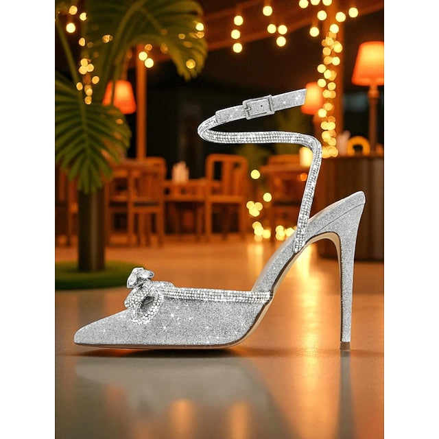 Bow Women's with Stiletto Black Satin Rhinestone Heels and