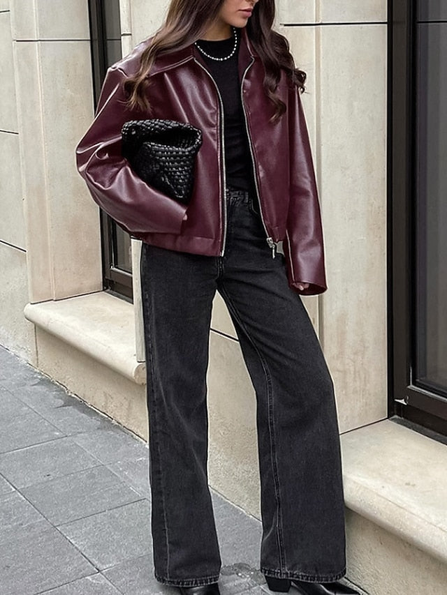 Leather Warm Pocket Faux Zipper Jacket Comfortable Women's
