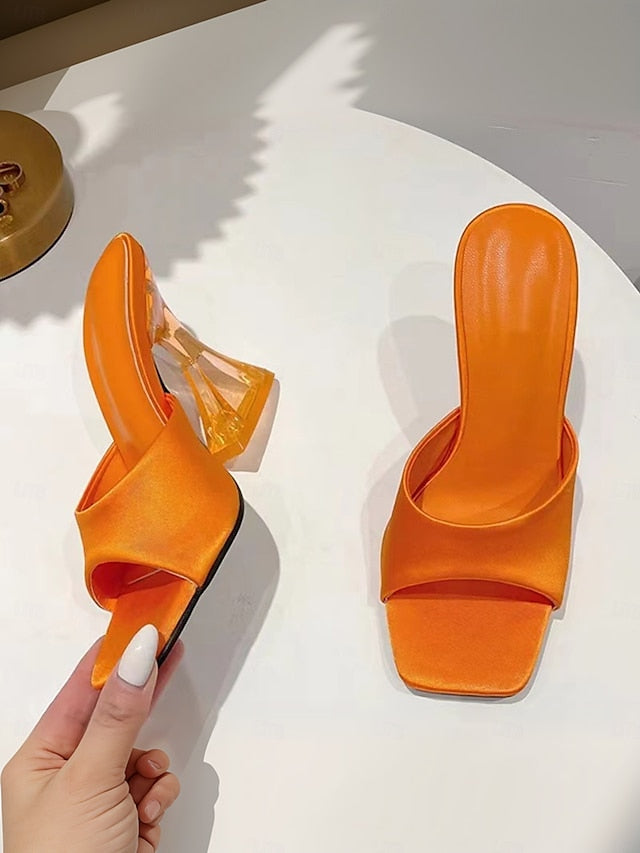 Heels Block Open-Toe for with Satin Green Mules Transparent