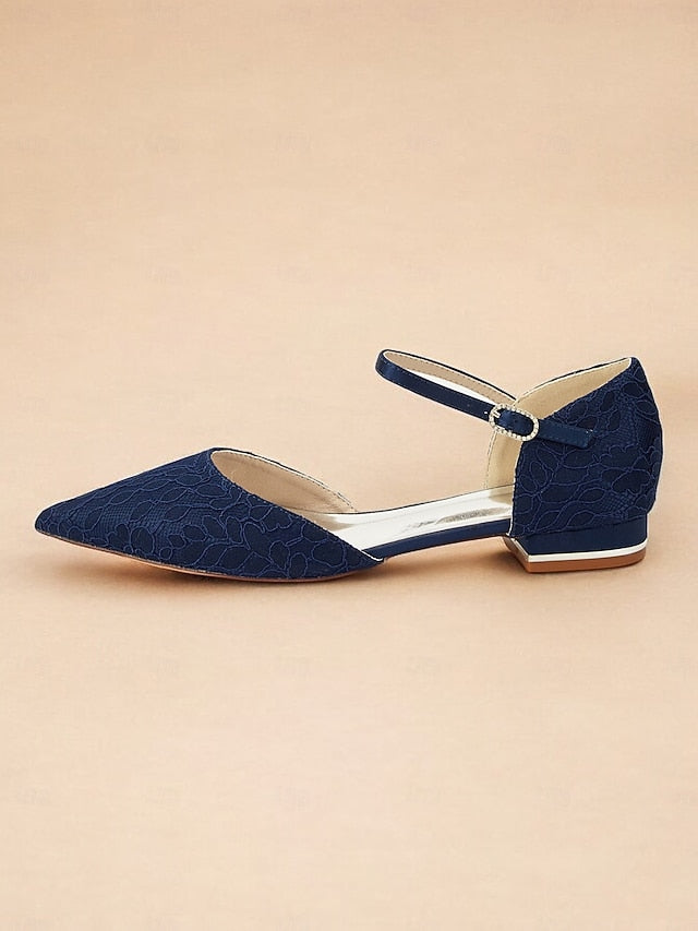 and Navy Women's with Ankle Blue Pointed Flats Strap Lace