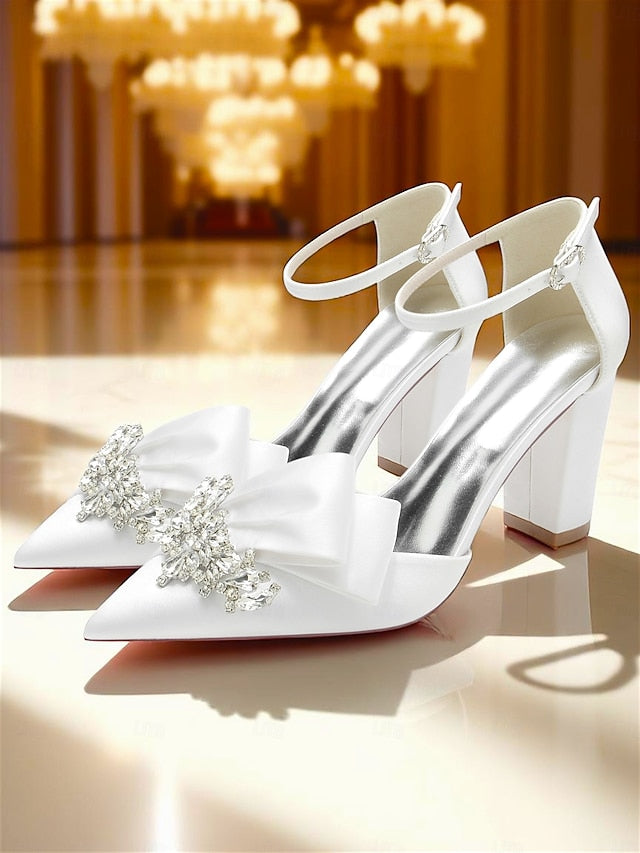 Satin Women's and Block Heel Pumps Crystal Bow with