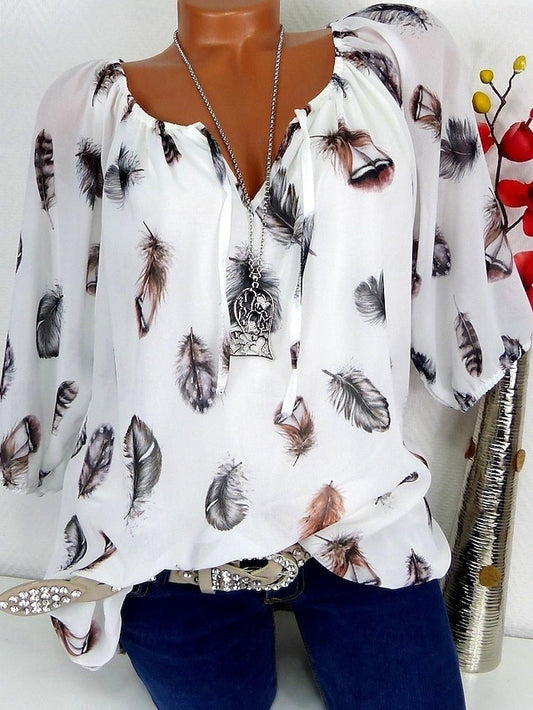 Women's Bohemian Blouse Feather Print Long Sleeve V-Neck