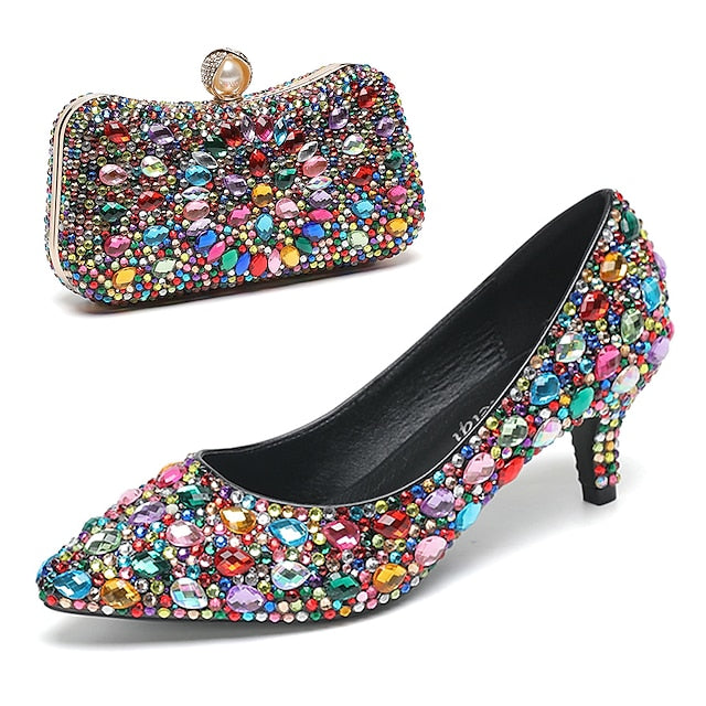 Crystal-Embellished and Shoes Heel Matching Women's Kitten