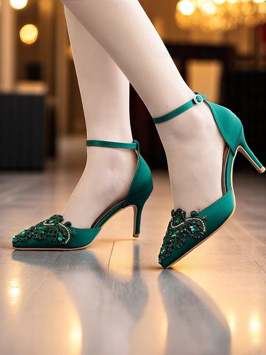 Ankle – Green Emerald Women's Heels Satin Strap Pointed