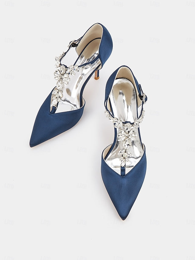 – Satin Heels Toe Navy Blue Women's Pointed T-Strap