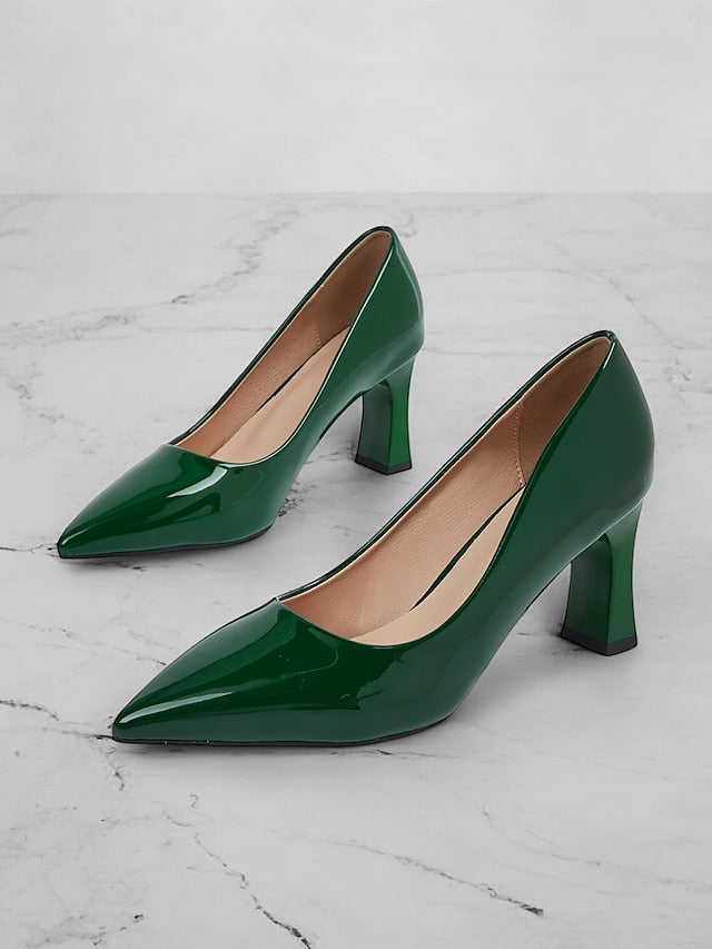 Faux Green Heel Leather Pointed-Toe Patent Block Glossy Pumps