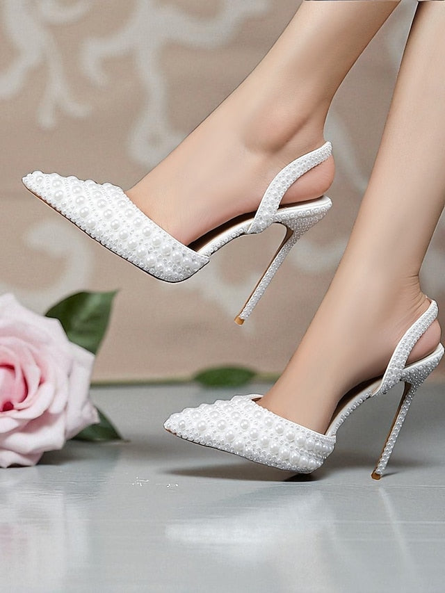 Heels Pearl-Embellished Leather Slingback White Women's -