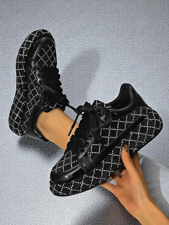 Quilted and Women's Rhinestone Silver Sneakers - Black