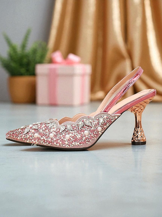 Pointed - Heels Women's Pink Rhinestone Slingback Party Toe