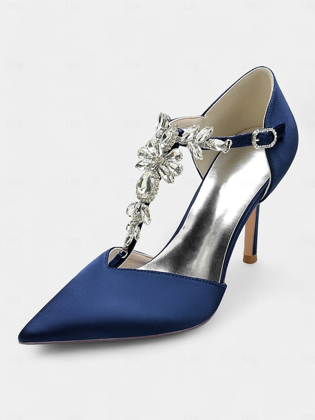 – Heels Satin Women's T-Strap Navy Blue Pointed Toe