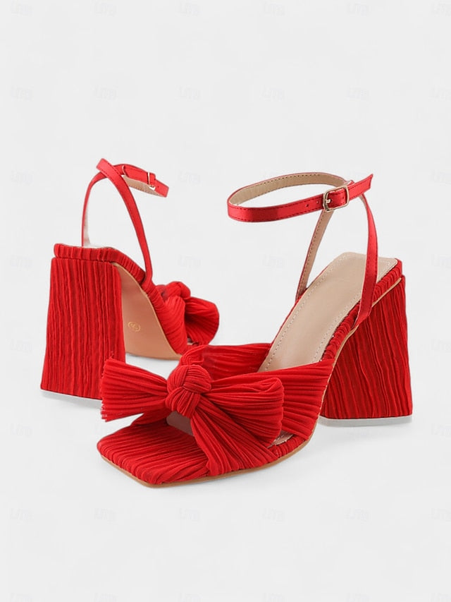 Gold Sandals Textured Block Rose Heel and Knot with Detail