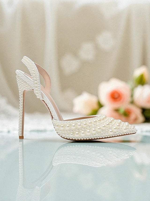 Leather Pearl-Embellished Heels Women's White Slingback -