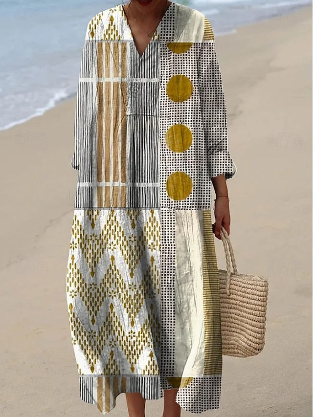 Women's Midi Dress V Neck Long Sleeve Kaftan Lightweight