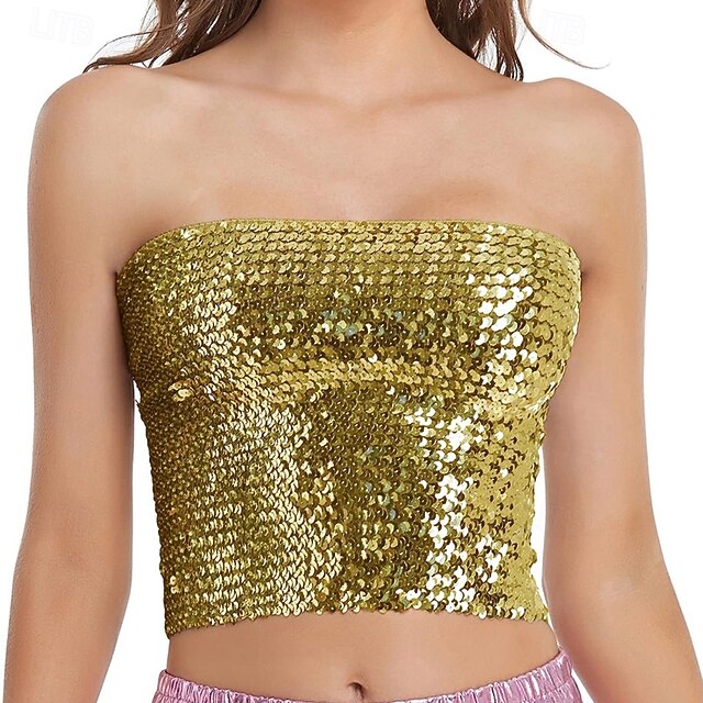 Retro Vintage 1980s Shiny Metallic Tube Top Disco Sequins Solid