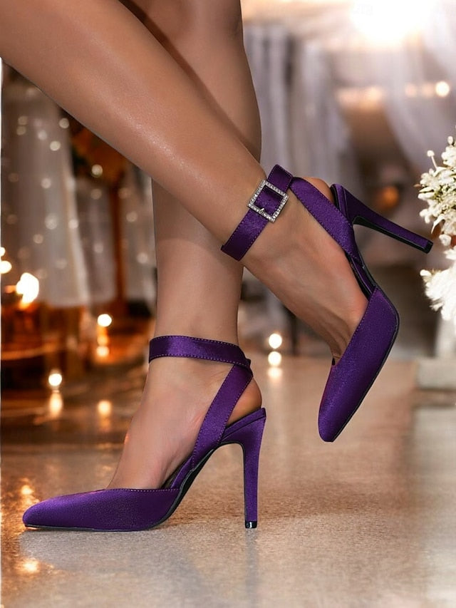 Heels Ankle Toe Purple Strap Women's Pointed Satin –