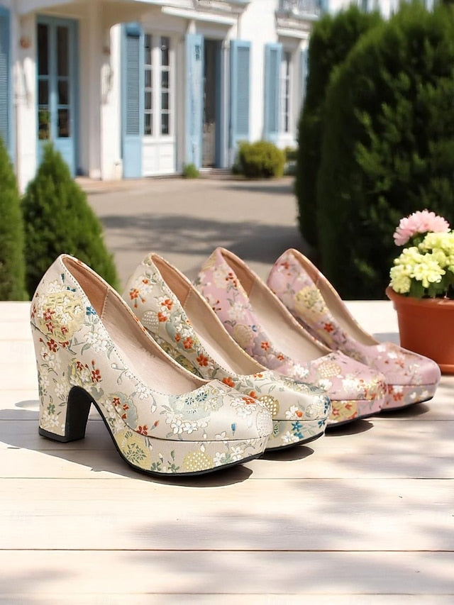 - Heel Printed Floral Block – Platform Pumps Women's