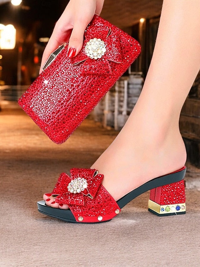 Rhinestone Sparkling High Matching Heel Bow with Sandals Clutch