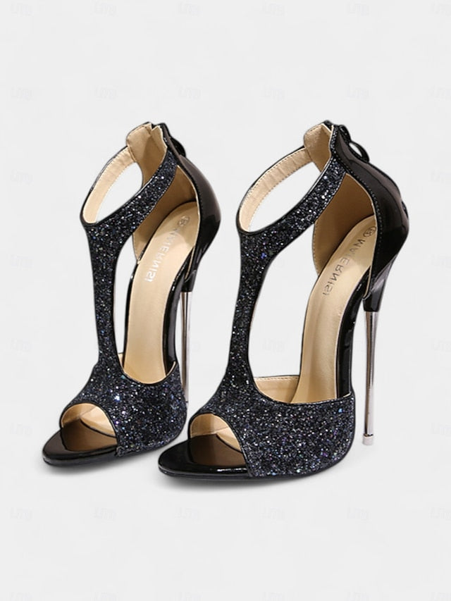and Design for Glitter Open Toe Gold T-Strap Heels Stiletto with