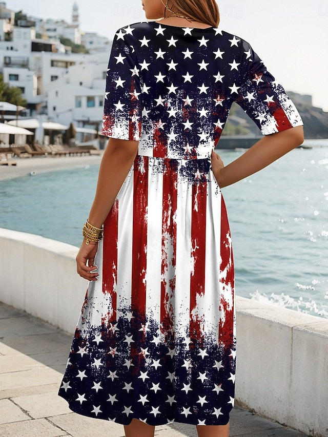 Women's Patriotic  Midi Dress Summer Dress Pleated Dress