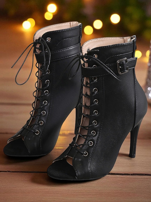 - Toe Peep Stiletto Black Booties High Women's Heel Lace-Up