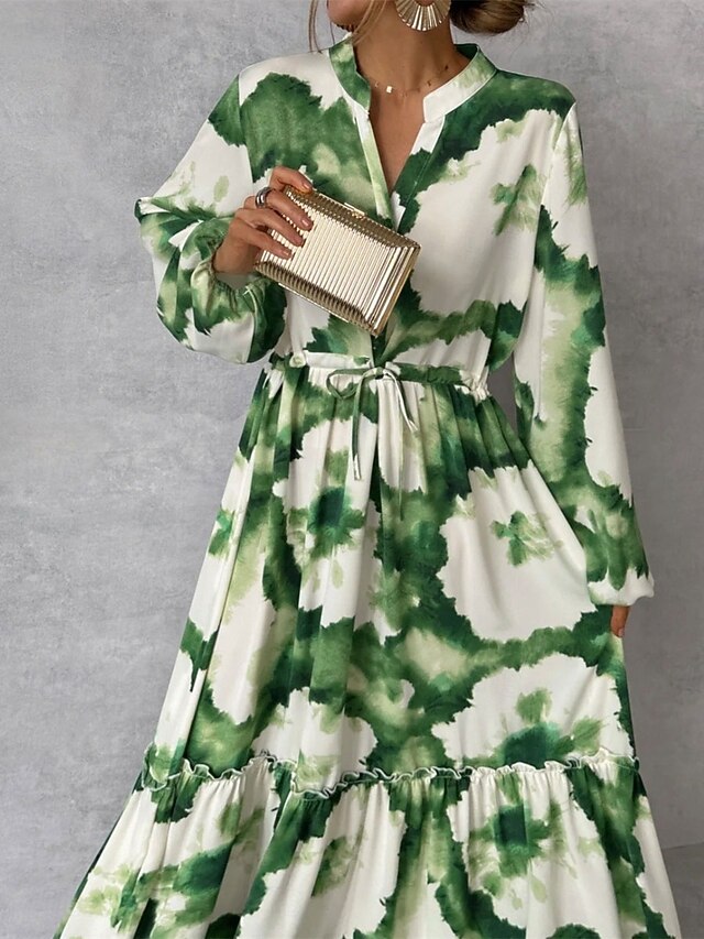 Women's Floral Split Neck Maxi Dress Long Sleeve Summer