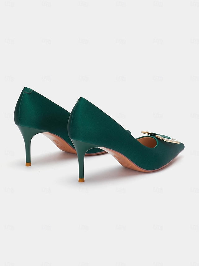 with for Buckle Women: Green Pumps Elegant Rhinestone Satin