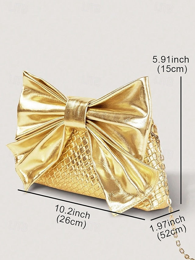 Gold Bow Oversized Women&#39;s with Bag Faux Clutch Leather