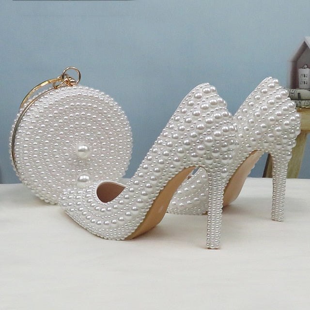 Set White Pearl Heels Pearl-Embellished Purse Stiletto and Round