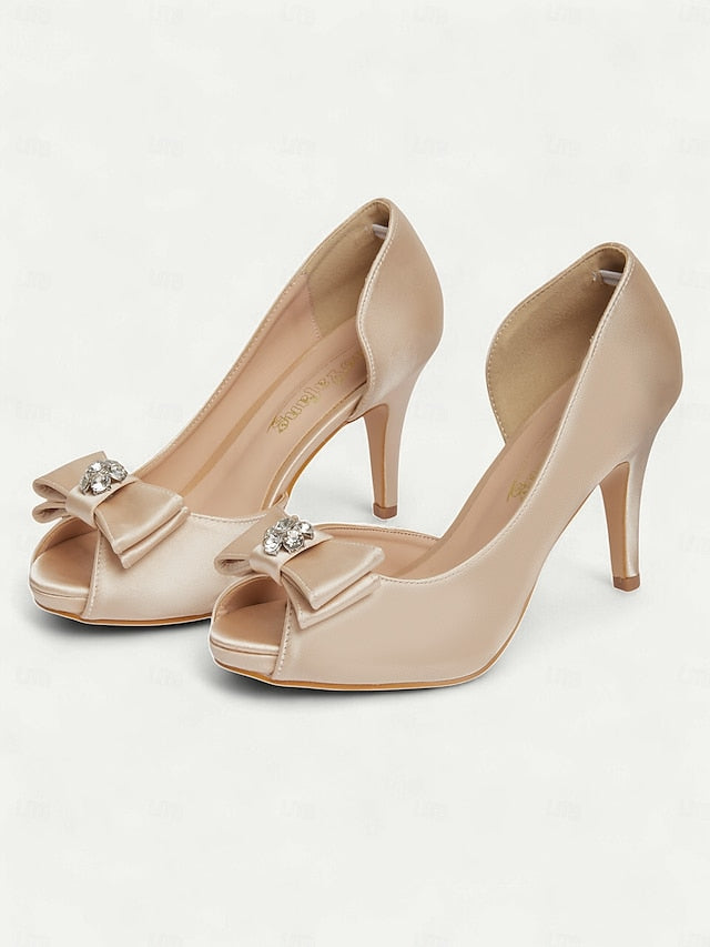 Bow Satin Champagne Toe and Heels Peep with Women's