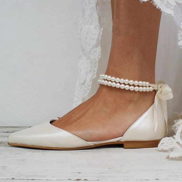 Flats Women's Ankle Elegant White – Pearl Strap Bridal